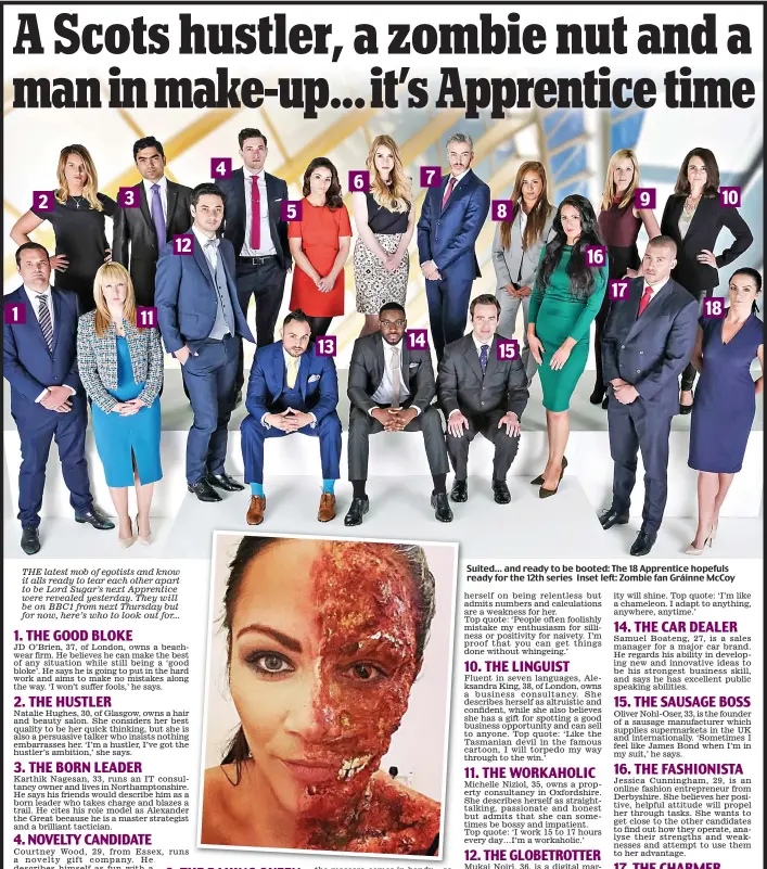  ??  ?? Suited… and ready to be booted: The 18 Apprentice hopefuls ready for the 12th series Inset left: Zombie fan Gráinne McCoy 4 7 6 10 3 9 2 8 5 12 16 17 18 1 11 14 13 15