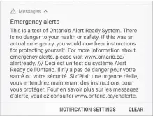  ?? KAT MCCALLUM THE CANADIAN PRESS ?? An emergency alert is seen on a mobile phone in Toronto on May 7. It could be this time next year before Canada’s new mobile emergency alert system is tested on a wide scale again.