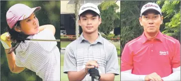  ??  ?? Early leaders (from left) Angel Hii, Muhammad Hadif Fathely and Bernett Ling Soon Kiong will be the ones to beat in today’s second day of competitio­n in the KGS Club Championsh­ips.