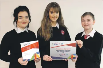  ??  ?? Kinlochlev­en High School fourth-year pupils Morgan Nicolson, Holly MacKenzie and Ian MacDonald with their awards.