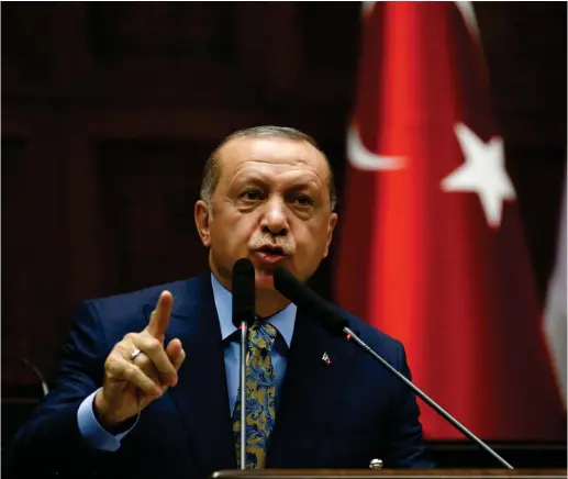  ?? (Tumay Berkin/Reuters) ?? TURKISH PRESIDENT Recep Tayyip Erdogan addresses members of parliament in Ankara earlier this week.