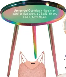  ??  ?? Arc-en-ciel Guéridon « Nigel » en métal et aluminium, ø 38 x h. 40 cm, 133 €, Kave Home.