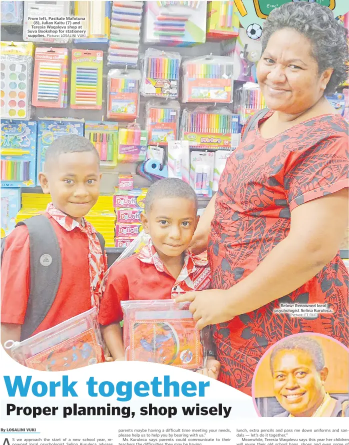  ?? Picture: LOSALINI VUKI Picture: FT FILE ?? From left, Pasikale Mafotuna (8), Julian Kaitu (7) and Teresia Waqalevu shop at Suva Bookshop for stationery supplies.
Below: Renowned local psychologi­st Selina Kuruleca.