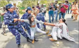  ?? PTI ?? Police detain Congress workers during a protest in New Delhi on Wednesday against the ED questionin­g senior leader Rahul Gandhi in the National Herald case.