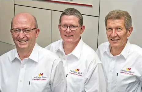  ?? Photo: Nev Madsen ?? NEW CHARITY: Celebratin­g the launch of the Heritage Bank Charitable Foundation are (from left) Heritage Bank company secretary Bill Armagnacq, chief financial officer Paul Williams and board member Steve Davis.