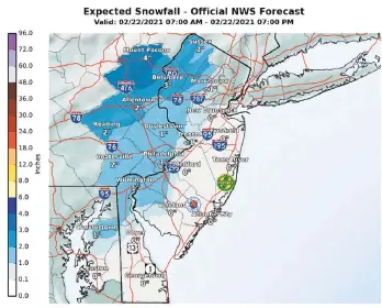  ??  ?? The latest National Weather Service snowfall projection­s for Monday.