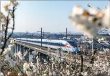  ?? FAN HUI / XINHUA ?? A train runs on the Chengdu-Guizhou High-Speed Railway, with spring blooms in the foreground.