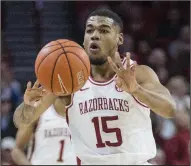  ?? (NWA Democrat-Gazette/Ben Goff) ?? Arkansas junior guard Mason Jones texted Razorbacks Coach Eric Musselman early Friday morning, asking the coach “to bring energy” to that afternoon’s practice in preparatio­n for today’s game against TCU at Walton Arena in Fayettevil­le.