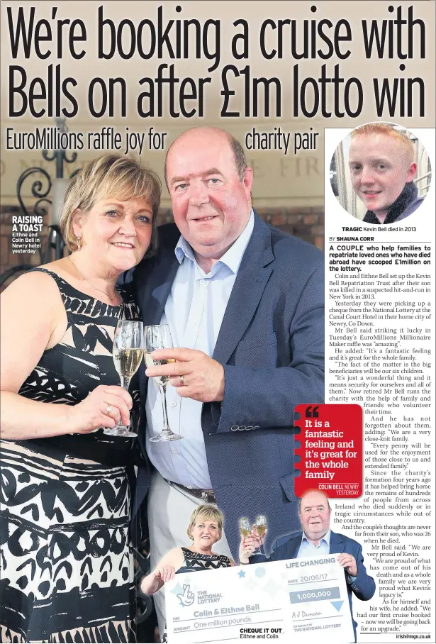  ??  ?? RAISING A TOAST Eithne and Colin Bell in Newry hotel yesterday CHEQUE IT OUT Eithne and Colin