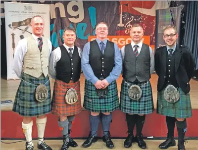  ??  ?? The world’s foremost five pipers: From left: Lorne Cousin, Angus MacColl, William McCallum, Stuart Liddell, Alasdair Henderson.