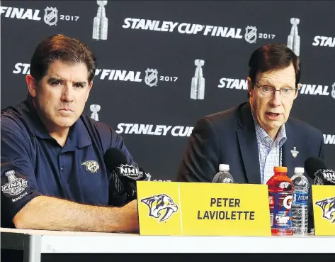  ?? BRUCE BENNETT/GETTY IMAGES ?? Nashville Predators general manager David Poile, right, seen with head coach Peter Laviolette at a news conference on Sunday in Pittsburgh, says he has “not seen a picture yet” that has convinced him that P.K. Subban’s goal in Game 1 should have been...