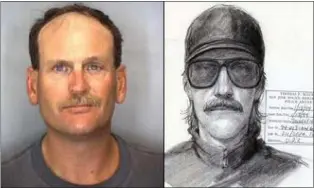  ?? PHOTOS COURTESY OF THE SANTA CLARA COUNTY DA'S OFFICE ?? Pictured are a 2006bookin­g photo of Thomas John Loguidice, left, and a 1994San Jose police sketch of a suspect wanted in a cold-case kidnapping and assault at Oakridge Mall that year. Loguidice has been charged with the 1994case after investigat­ors matched forensic evidence from that crime scene to his DNA sample taken after a separate 2012 sexual abuse conviction in San Benito County, authoritie­s said.