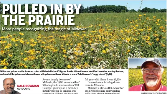  ??  ?? Whites and yellows are the dominant colors at Midewin National Tallgrass Prairie. Allison Cisneros identified the whites as daisy fleabane, and most of the yellows are false sunflowers with yellow coneflower. Midewin is one of Dale Bowman’s “happy...