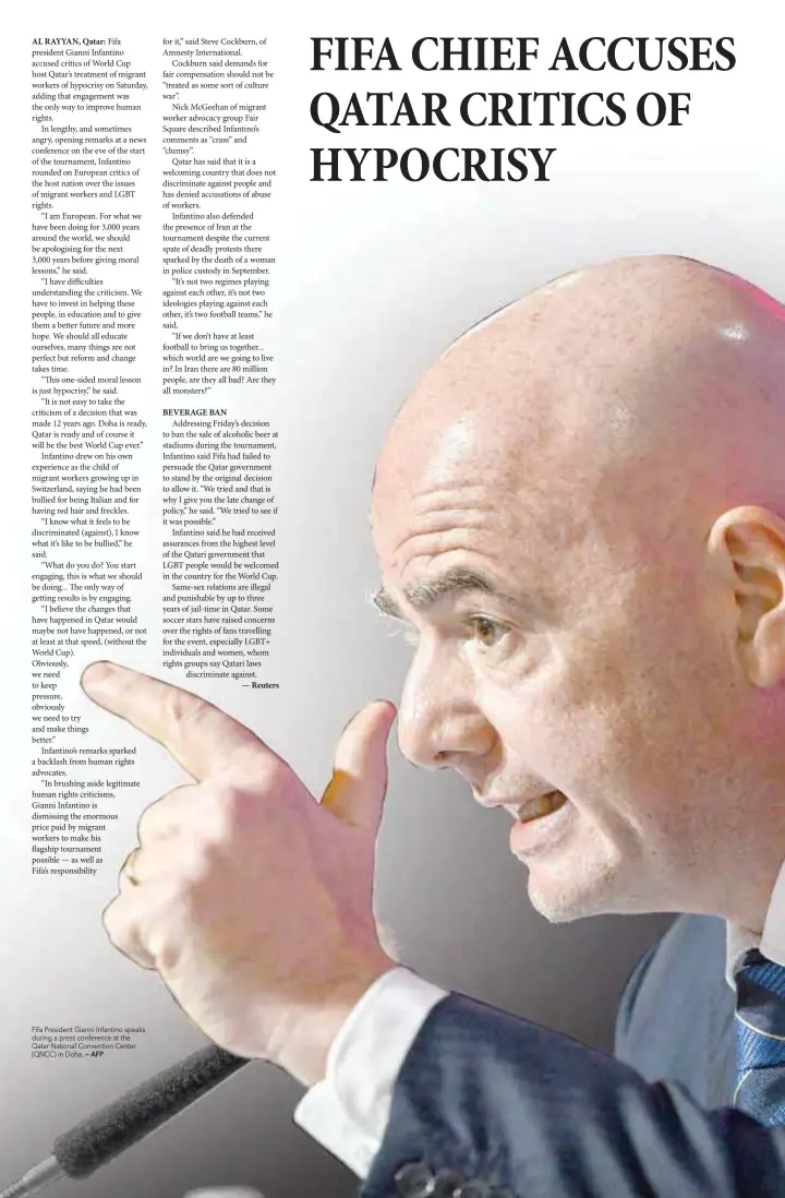  ?? — AFP ?? Fifa President Gianni Infantino speaks during a press conference at the Qatar National Convention Center (QNCC) in Doha.