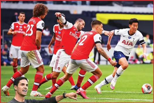  ?? REUTERS/KEVIN QUIGLEY ?? Fall guys: Luiz, Kolasinac and Bellerin almost trip over each other closing down Son, as Mikel Arteta (left) looks on