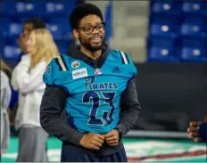  ?? COURTESY PHOTO DANTE MCPHERSON ?? Massachuse­tts Pirates player Josh Gable is all smiles during his team’s turf breaking ceremony on Tuesday. The Indoor Football League team, which moved to Lowell during the offseason, will play the Jacksonvil­le Sharks in its home opener on Saturday. Kickoff is slated for 7:05p.m.