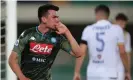  ??  ?? Hirving Lozano celebrates his late goal for Napoli against Hellas Verona. Photograph: Emilio Andreoli/Getty Images