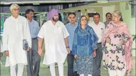  ?? PTI ?? ■ Punjab CM Capt Amarinder Singh with Congress state affairs incharge Asha Kumari, party leader Ambika Soni (right) and other leaders arrive for the CWC meeting in New Delhi on Sunday.