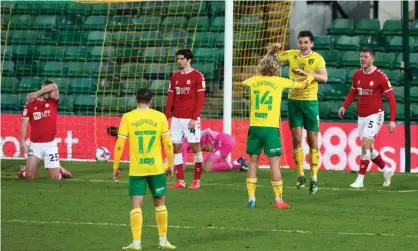  ??  ?? Norwich’s Jordan Hugill celebrates after scoring to make it 2-0 at Carrow Road. Photograph: Richard Calver/MDI/Shuttersto­ck