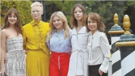  ?? AP PHOTO ?? WITCHY WOMEN: From left, actresses Dakota Johnson, Tilda Swinton, Chloe Grace Moretz, Mia Goth and Jessica Harper arrive at the Lido Beach to present ‘Suspiria’ at the 75th annual Venice Internatio­nal Film Festival, in Venice, Italy, yesterday.