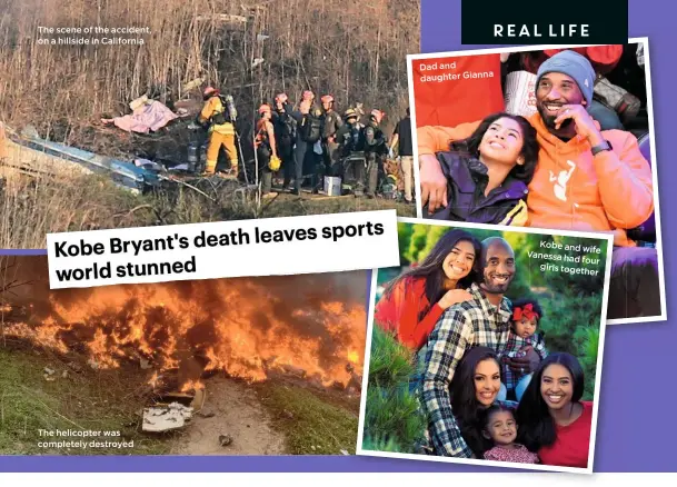  ??  ?? The scene of the accident, on a hillside in California
The helicopter was completely destroyed
Dad and daughter Gianna
Kobe and
wife Vanessa had
four girls together