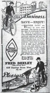  ??  ?? An ad for Fred Deeley bicycles that ran in the May 2, 1920 Vancouver Sun. The company is still in operation as Trev Deeley Motorcycle­s.