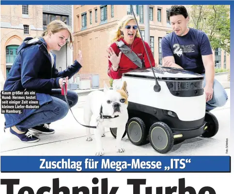  ??  ?? Kaum größer als ein Hund: Hermes testet seit einiger Zeit einen kleinen Liefer-Roboter in Hamburg.