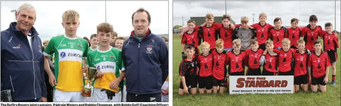  ??  ?? The Duffry Rovers joint captains, Pádraig Waters and Robbie Chapman, with Bobby Goff (Coaching Officer) and Brian Carty representi­ng People Newspapers (sponsors). The defeated finalists from Bannow-Ballymitty.