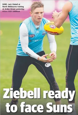  ?? Picture: SCOTT BARBOUR ?? SORE: Jack Ziebell at North Melbourne training at Arden Street yesterday.