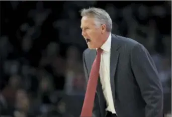  ?? MATT SLOCUM — THE ASSOCIATED PRESS ?? Sixers head coach Brett Brown finds time to exercise his vocal chords Wednesday night during his team’s easy win over the Memphis Grizzlies at Wells Fargo Center. But it’s his playoff visions that are getting him a little more excited these days.