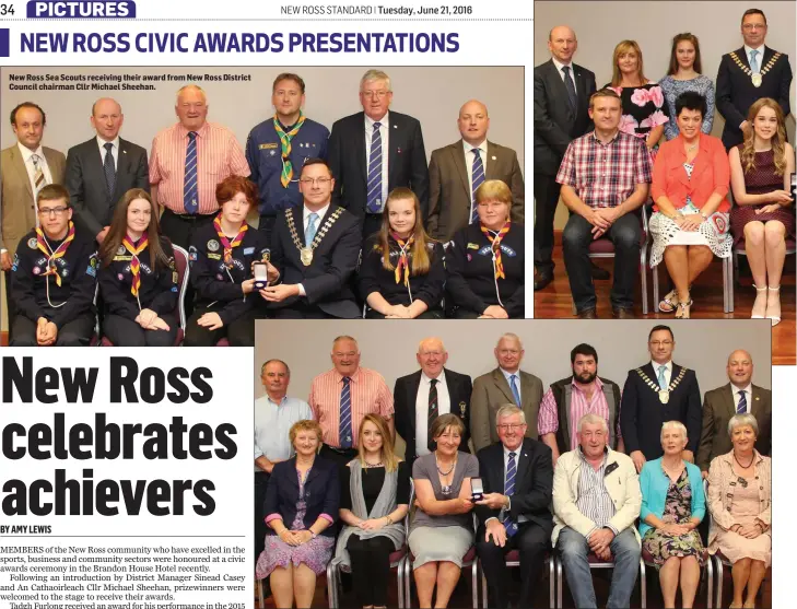  ??  ?? New Ross Sea Scouts receiving their award from New Ross District Council chairman Cllr Michael Sheehan. Cllr Willie Fitzharris presenting Tadhg Furlong’s award to his mother Margaret Furlong.