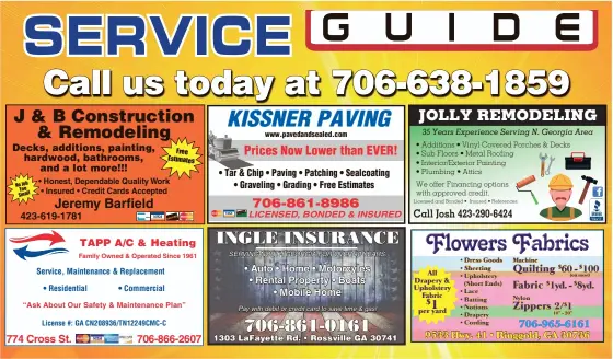  ??  ?? • Honest, Dependable Quality Work • Insured • Credit Cards Accepted
“Ask About Our Safety & Maintenanc­e Plan”
• Auto • Home • Motorcyles • Rental Property • Boats • Mobile Home