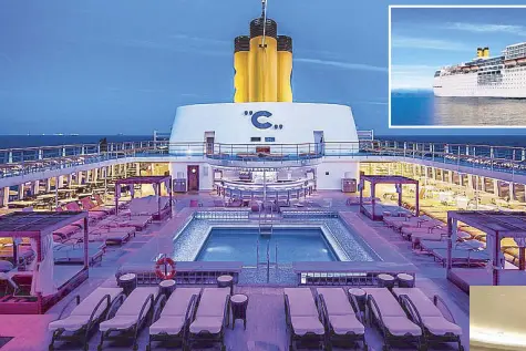  ??  ?? Purple reign: The Montecarlo Deck on Costa neoRomanti­ca has the St. Tropez Lido pool and bar.