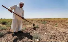  ??  ?? A farmer digs with a shovel in an agricultur­al field in his farm in the Khanaqin area, north of Diyala, in eastern Iraq.