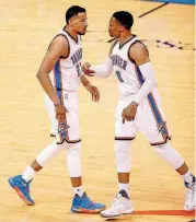  ?? [PHOTO BY BRYAN TERRY, THE OKLAHOMAN] ?? Thunder general manager Sam Presti said Andre Roberson, left, and Russell Westbrook are expected to be in the lineup early in the year.