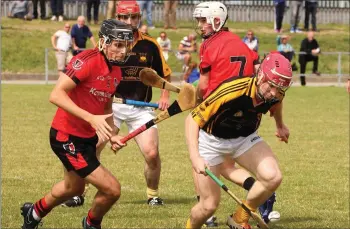  ??  ?? Michael Furlong of Adamstown about to pounce on the ball as David Rossiter (Oulart-The Ballagh) moves in during their IHC Group A meeting in St. Patrick’s Park on Saturday.