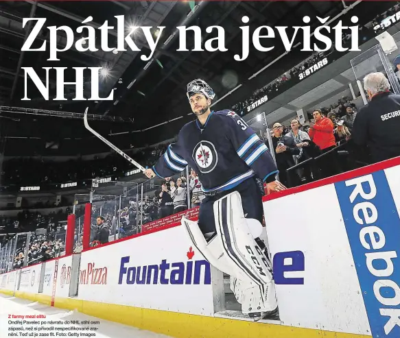  ??  ?? Z farmy mezi elitu Ondřej Pavelec po návratu do NHL stihl osm zápasů, než si přivodil nespecifik­ované zranění. Teď už je zase fit. Foto: Getty Images