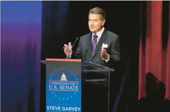  ?? DAMIAN DOVARGANES/AP ?? Former profession­al baseball player Steve Garvey makes a point Jan. 22 in Los Angeles during a televised debate for candidates in the U.S. Senate race to succeed Dianne Feinstein, the California senator who died in September.