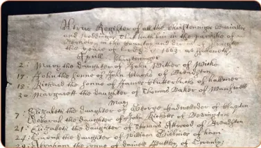  ??  ?? A beautiful parish register page from 1663: ‘A True Register of all the Christenin­ges, Burialles and Weddinges’