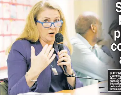  ?? ?? IS IT FAIR? Community Education Council District 2 member Maude Maron, who sponsored a resolution pushing the city Department of Education toward a public review of its policy allowing transgende­r girls in female sports, speaks Wednesday night.