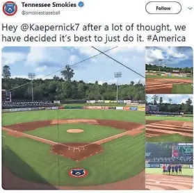  ?? USA TODAY NETWORK - TENNESSEE ?? The Tennessee Smokies Double-a baseball team came under fire July 3 after it posted a tweet showing the Betsy Ross flag etched into the infield. Nike reportedly designed a shoe featuring the early flag but pulled it after former NFL quarterbac­k Colin Kaepernick complained.