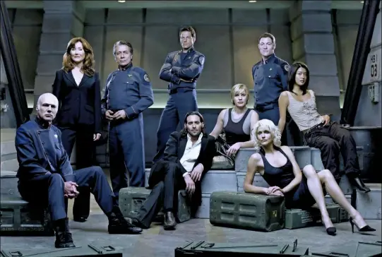  ??  ?? Clockwise from left: president Roslin (Mary Mcdonnell, Adama (Edward James olmos), Apollo (Jamie Bamber), Helo (tahmoh penikett), Boomer (Grace park, Six (tricia Helfer), Starbuck (Katee Sackhoff), Baltar (James Callis), Col. tigh (Michael Hogan).