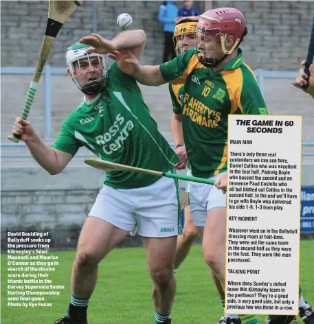  ??  ?? David Goulding of Ballyduff soaks up the pressure from Kilmoyley’s Séan Maunsell and Maurice O’Connor as they go in search of the elusive score during their titanic battle in the Garvey Supervalu Senior Hurling Championsh­ip semi final game Photo by Eye...