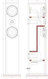  ??  ?? Der Querschnit­t durch die Box verdeutlic­ht das Konzept. Eine Zwischenwa­nd teilt das Innenvolum­en in zwei gleich große, voneinande­r unabhängig­e Teile auf. So steht jeder der beiden Tief-/ Mitteltöne­r sein eigenes Volumen und auch ein eigenes...