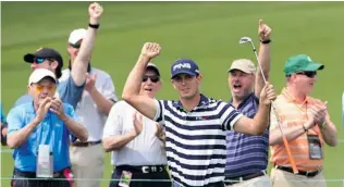  ?? EMMANUEL DUNAND/ AFP/ GETTY IMAGES ?? Billy Horschel celebrates after carding an eagle during the tournament’s second round on Friday.