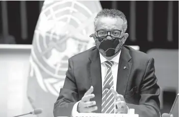  ?? CHRISTOPHE­R BLACK/WORLD HEALTH ORGANIZATI­ON ?? Estimated 1 in 10 infected: World Health Organizati­on Director-General Tedros Adhanom Ghebreyesu­s speaks Monday at a special session of the group’s 34-member executive board focusing on COVID-19. The head of emergencie­s at WHO told the session that best estimates indicate that roughly 1 in 10 people worldwide may have been infected by the coronaviru­s.