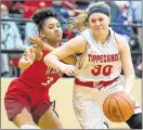  ?? BRYANT BILLING / CONTRIBUTE­D ?? Tippecanoe junior guard Alison Mader dribbles past Trotwood’s Essence Thornton in their Division II sectional final on Saturday at Tecumseh.