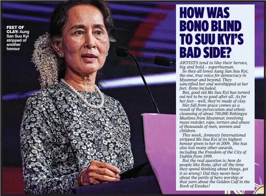  ??  ?? feet ofclay: Aung San Suu Kyi stripped of another honour