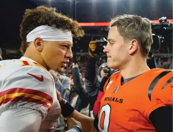  ?? JEFF DEAN/AP ?? Bengals quarterbac­k Joe Burrow (right) has bested Patrick Mahomes and the Chiefs in three consecutiv­e games — the only QB with such a track record against Mahomes.