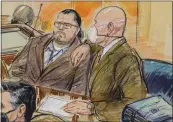  ?? DANA VERKOUTERE­N VIA AP, FILE ?? This artist sketch depicts Guy Wesley Reffitt, joined by his lawyer William Welch, right, in Federal Court, in Washington, in February.